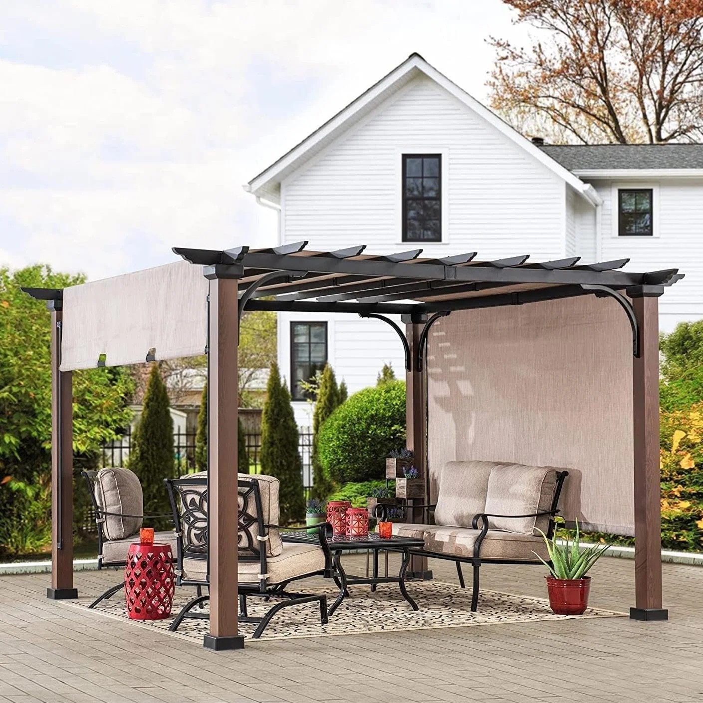 b1-14.webp Sunjoy 11 x 11 ft Metal Pergola with Adjustable Tan Garden Shades - Image 4