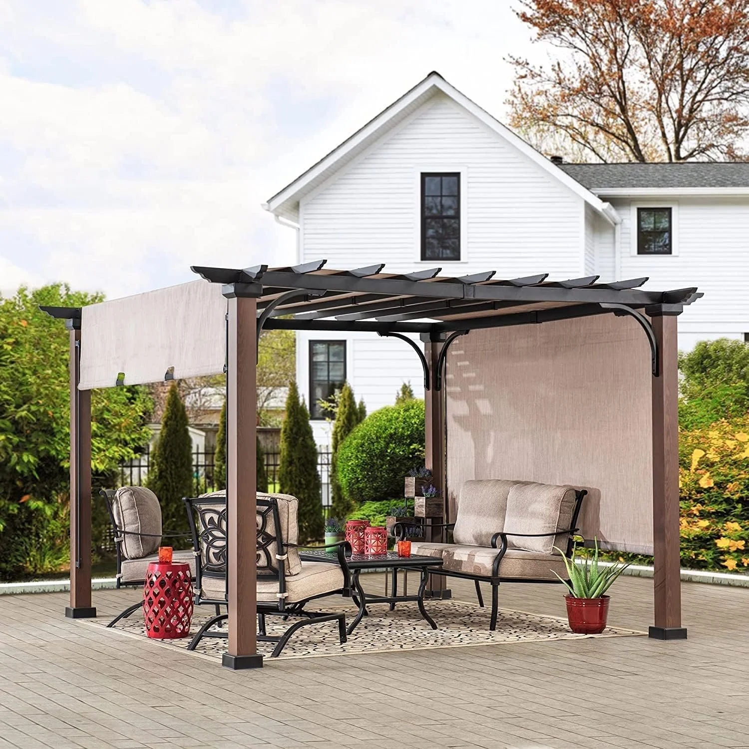 b2-10.webp Sunjoy 11 x 11 ft Metal Pergola with Adjustable Tan Garden Shades - Image 3