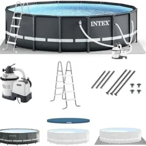 Intex Ultra XTR Frame 14′ x 42″ Round Above Ground Outdoor Swimming Pool Set with Sand Filter Pump, Ladder, Ground Cloth, and Pool Covers