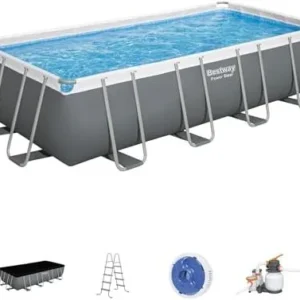 Bestway Power Steel 18′ x 9′ x 48″ Rectangular Metal Frame Above Ground Outdoor Swimming Pool Set with 1,500 GPH Filter Pump, Ladder, and Pool Covers
