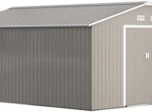 Outsunny 11′ x 13′ Outdoor Storage Shed, Garden Tool Metal Shed with Foundation Kit, Double Lockable Door, Air Vents and Slopings Roofs, for Backyard, Patio, Lawn, Light Grays