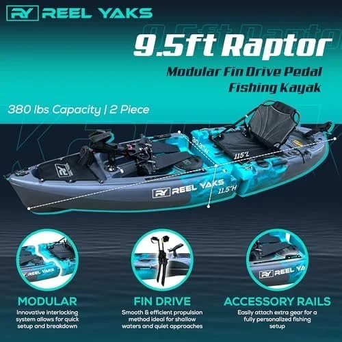 m2-10.webp Reel Yaks Raptor Modular Fishing Kayak – 9.5ft Lightweight Sit On Top Kayak for Adults & Youth – Stable & Portable, Ideal Space-Saving Design for Travels – 380lbs Capacity - Image 3