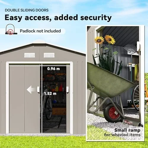 m2-20.webp Outsunny 11′ x 13′ Outdoor Storage Shed, Garden Tool Metal Shed with Foundation Kit, Double Lockable Door, Air Vents and Slopings Roofs, for Backyard, Patio, Lawn, Light Grays - Image 3