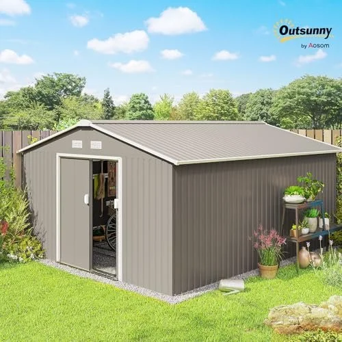 m3-18.webp Outsunny 11′ x 13′ Outdoor Storage Shed, Garden Tool Metal Shed with Foundation Kit, Double Lockable Door, Air Vents and Slopings Roofs, for Backyard, Patio, Lawn, Light Grays - Image 2